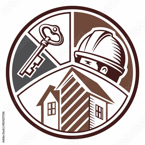 Real Estate, Construction, and Home Security Logo in Circular Frame | Property, Housing, Builder, and Investment Symbol