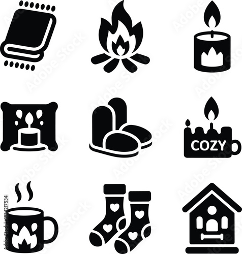 Cozy home icons representing warmth comfort and relaxation