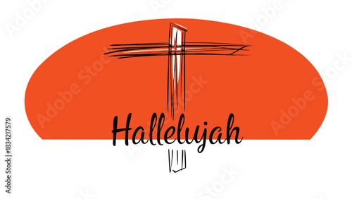 Artistic hand drawn cross with hallelujah text on vibrant orange sun background