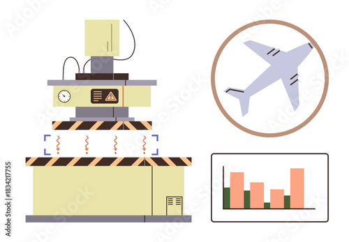 Industrial testing machine in operation, aviation element in a circle, bar chart displaying analysis results. Ideal for manufacturing, innovation, technology, data analysis, aviation, automation