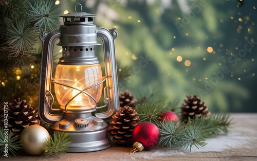 Christmas Lantern with Pinecones and Green Bokeh Lights