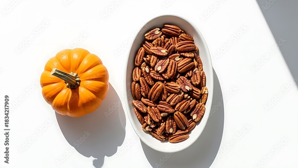 Obraz premium Miniature pumpkin and bowl of pecans on white surface