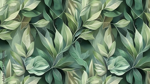 A seamless pattern of green leaves and foliage provides a vibrant nature background for spring or summer design