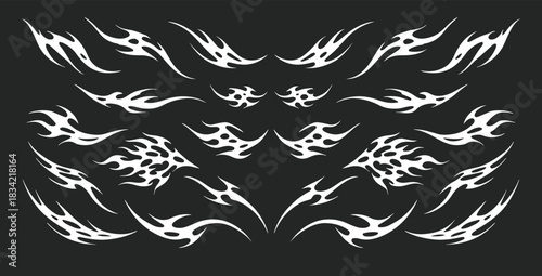  Set Pack Futuristic gothic tribal flame sigil vector design, inspired by Y2K aesthetic with liquid mercury metallic look, abstract tattoo artwork, and cyber illustration for modern graphic art.