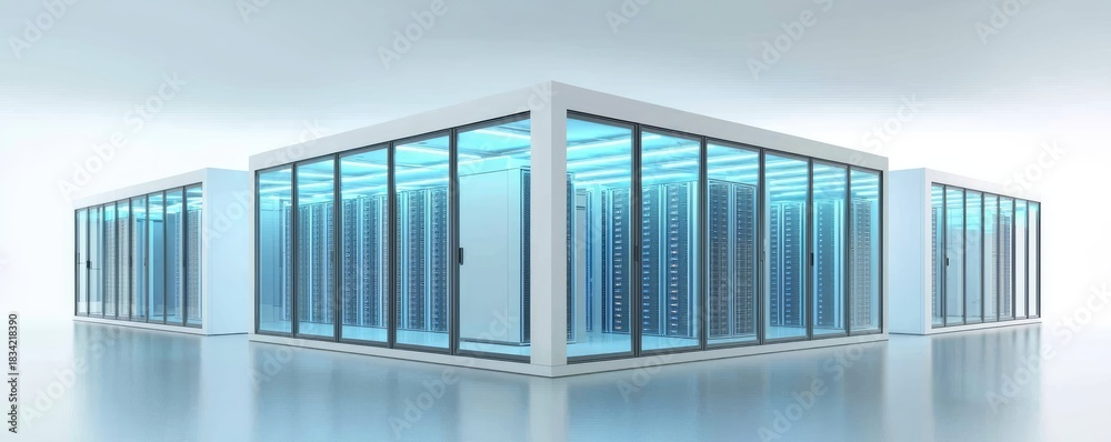 Fototapeta premium Modern modular server room with glass enclosures and blue LED systems showcasing scalable IT infrastructure, ideal for cloud computing presentations, digital marketing, and technology backgrounds
