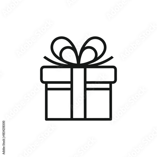Simple line art gift box with ribbon isolated on white background
