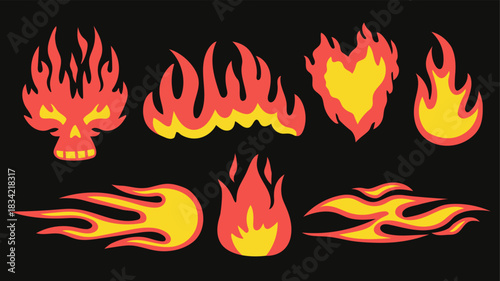 Hand drawn doodle flames set. Skull, lightnings, and heart with texture. Grafitti scribble vector elements
