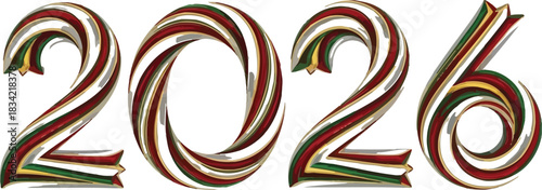 Festive 2026 new year design with candy cane texture on a clean white background