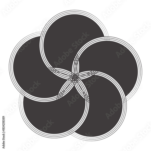 The image displays a graphic design featuring five overlapping circles arranged in a rotational symmetry pattern. This specific design is used as a logo or icon by several different entities