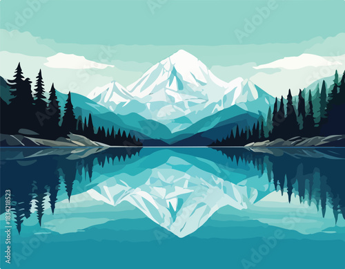 Illustration of a serene mountain range with snow-capped peaks reflected in a calm lake surrounded by trees under a light blue sky with clouds.