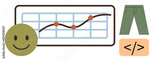 happy face, trend line graph, green pants, and code bracket evoke analytics, positivity, innovation. Ideal for data, coding, creativity progress fashion trends productivity simple flat metaphor