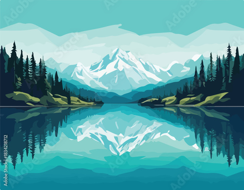 Digital illustration of a serene mountain lake scene with snow-capped mountains, evergreen trees, and a calm lake reflecting the landscape in shades of blue and green.