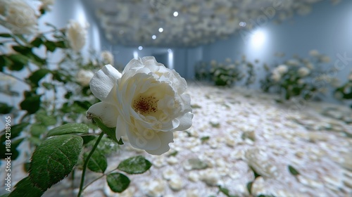 White roses in blooming corridor with lush green leaves and soft focus background