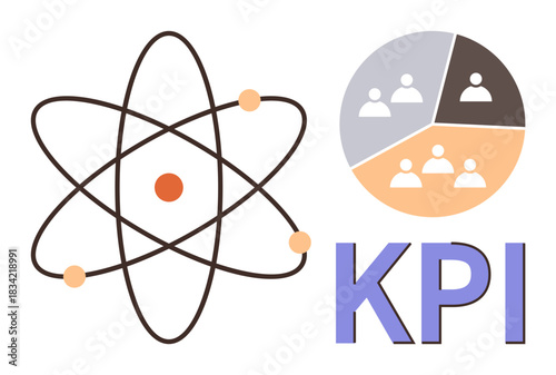 Atomic model with orbiting electrons beside KPI chart highlighting team performance. Ideal for science, technology, teamwork, data analysis, progress tracking, productivity, research. Simple flat