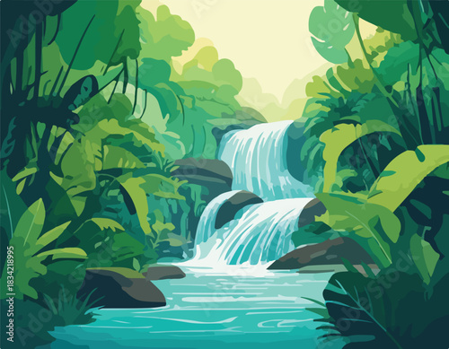 Digital illustration of a serene waterfall cascading through a lush, vibrant jungle with dense foliage and rocks, set against a bright sunny background with a tranquil atmosphere.