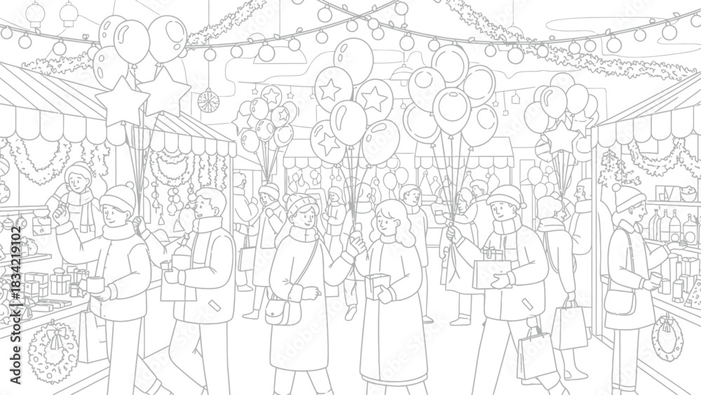 Fototapeta premium People enjoy winter holiday market with balloons and gifts in line art style