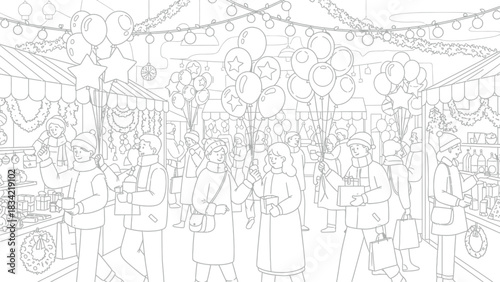 People enjoy winter holiday market with balloons and gifts in line art style