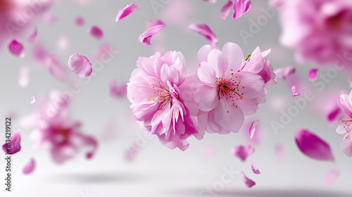 Floating pink cherry blossom flowers with falling petals on soft gray background