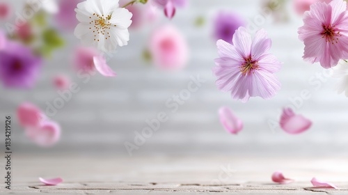 Delicate pink and white blossoms floating against soft background