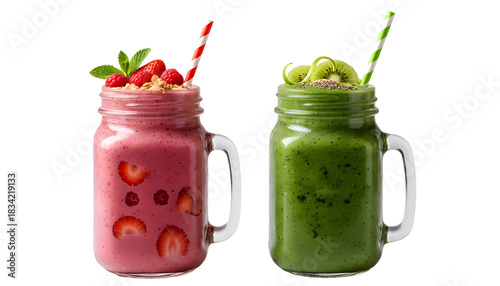 Two mason jars filled with pink and green fruit smoothies with straws isolated on transparent background