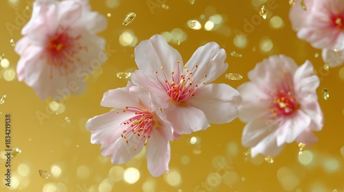 Pink cherry blossoms with golden bokeh background