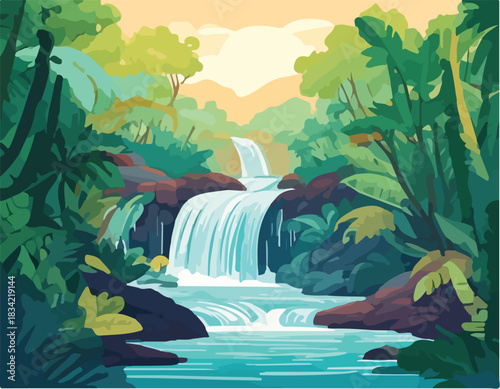 Illustration of a serene waterfall cascading through lush greenery with vibrant foliage and a warm sunset background in a tropical forest.