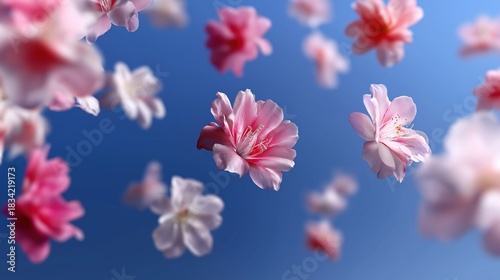 Floating pink cherry blossoms against clear blue sky