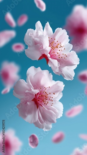 Floating pink cherry blossoms on a blue sky background