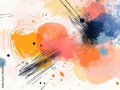 Vibrant abstract design with gestural marks paint splashes and blurred scribbled strokes