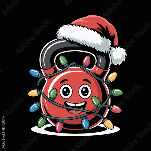 A cheerful red kettlebell features a smiling face and is adorned with colorful holiday lights. It wears a classic red Santa hat, adding to the festive theme.