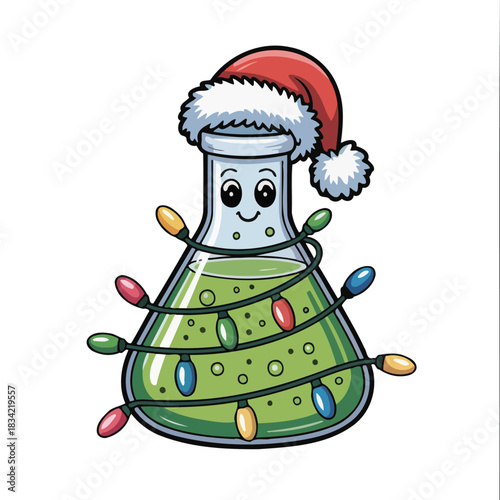 A cheerful laboratory flask wears a Santa hat and is wrapped in colorful holiday lights.