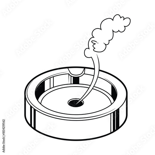 Line art illustration of an ashtray with a cigarette burning and smoke rising