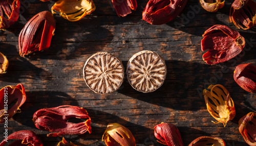 Two whole nutmeg seeds surrounded by dried reddish mace on dark rustic wood.