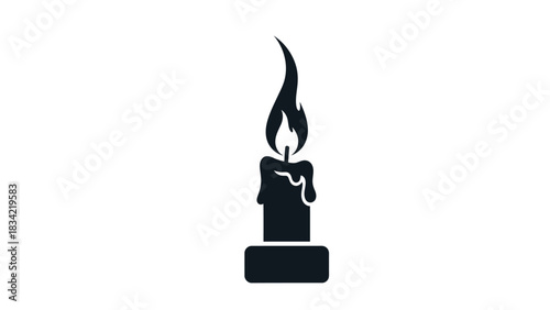 A minimalistic black silhouette of a lit candle with a dripping wax and a tall flame, set against a stark white background, conveying warmth, light, and ambiance