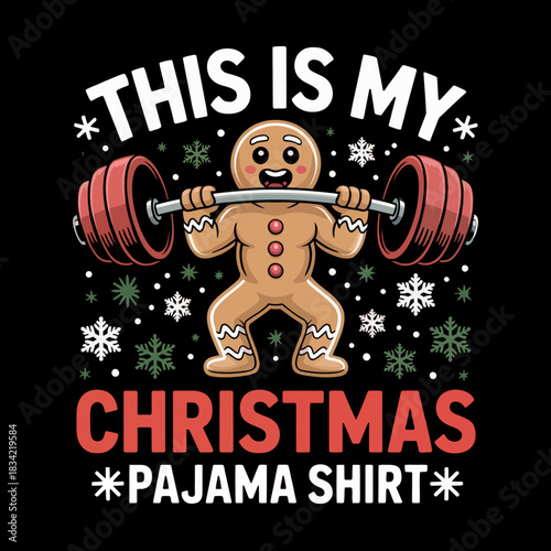 A gingerbread man cartoon character is humorously depicted lifting a barbell with red weights.