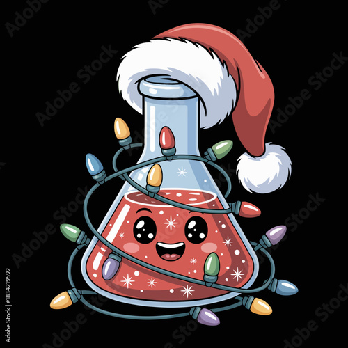A cheerful laboratory flask adorned with a Santa hat is wrapped in colorful Christmas lights.