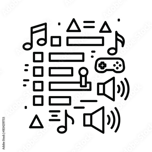 Digital Media & Entertainment Outline Icon with Music, Gaming, & Audio Elements