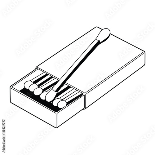 Open matchbox with wooden matches and one matchstick on top