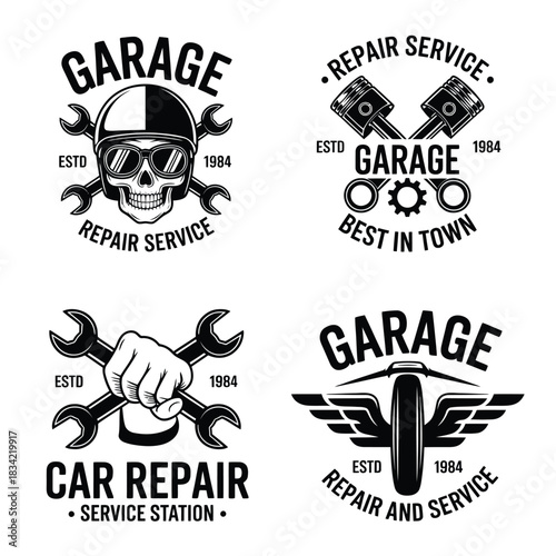 Vintage garage and repair service emblem set with skull and tools