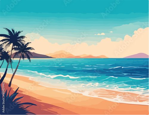 Serene beach scene with palm trees, turquoise ocean, and sandy shore under a partly cloudy sky with distant mountains.