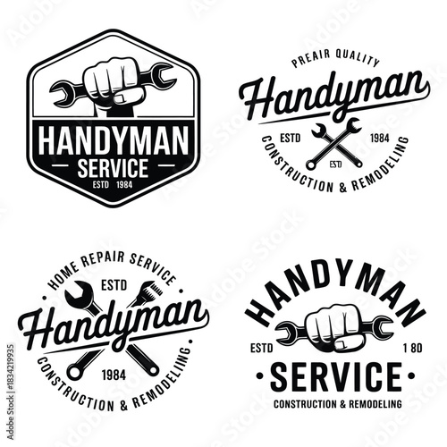 Collection of vintage handyman service logos with tools and fist
