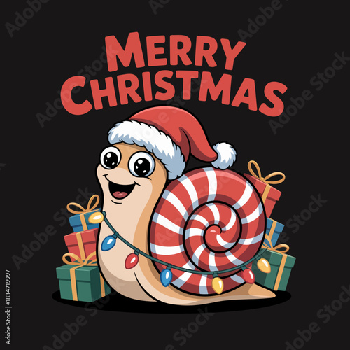 A cheerful snail with a candy cane shell and Santa hat is surrounded by presents and holiday lights.