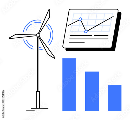 Wind turbine spinning, statistical data chart with line graph, and descending bar graph. Ideal for renewable energy, sustainability, analysis, progress, technology, research eco-friendly solutions
