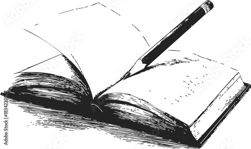 Open book with pencil sketch hand drawn illustration, pages turning. Vector illustration