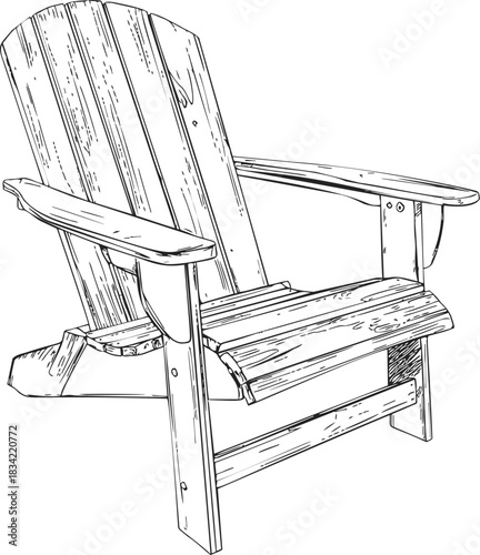 Adirondack chair sketch hand drawn rustic wooden outdoor lounge seat. Vector illustration
