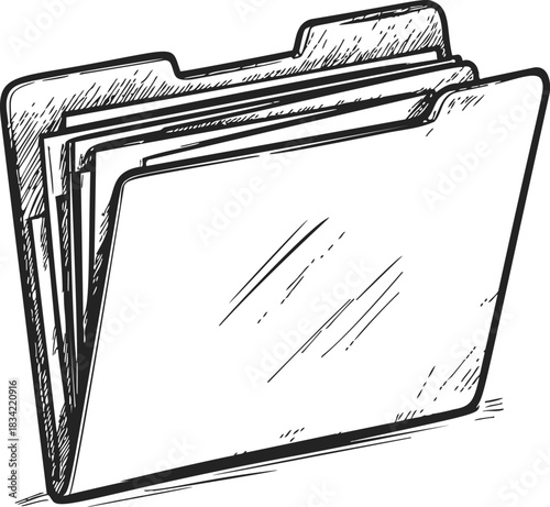 File folder sketch hand drawn with papers inside, office stationery. Vector illustration
