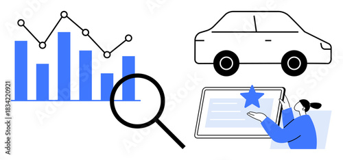 Business strategy, automotive analysis, performance monitoring, rating systems, consumer feedback, data trends. Bar graph, car magnifying glass and feedback form. Data trends and automotive