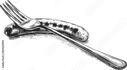 Sausage and fork sketch, hand drawn food illustration with grilled sausage detail. Vector illustration