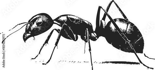 Ant sketch hand drawn realistic insect side view with detailed body. Vector illustration