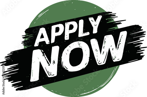 Apply now text sketch hand drawn on green circle with bold brushstroke. Vector illustration